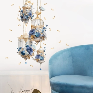 European vintage golden birdcage and blue rose wall stickers for living room decor