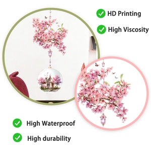Detail of cherry blossom wall sticker showing HD printing and waterproof features