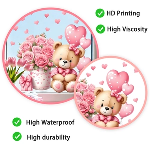 Detail of cute teddy bear and floral window stickers with HD printing and waterproof PVC