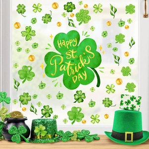 St. Patrick's Day Window Clings PVC Static Shamrock Clover Gold Coins Green Festive Glass Decals For Home Holiday Decoration