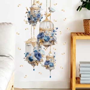 European vintage birdcage and blue rose wall stickers for living room decor