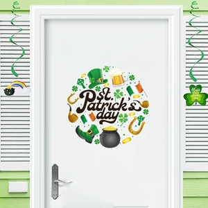 Sticker Mural Saint-Patrick PVC Trèfle Chapeau de Farfadet Chaudron d'Or Décoration de Festival Irlandais Autocollant de Porte Maison