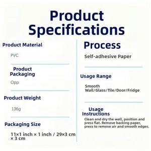 Detailed PVC self-adhesive wall sticker specifications showing 136g weight and size info