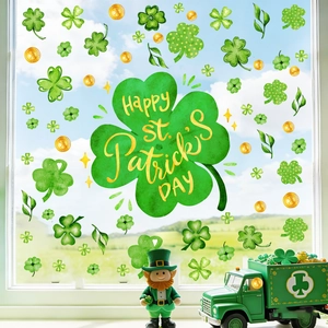 St. Patrick's Day window clings with green clovers and Happy St. Patrick's Day text