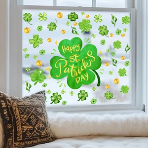 St. Patrick's Day window decals with Happy St. Patrick's Day text and green clovers