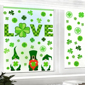 Adesivi per finestre di San Patrizio con gnomi e quadrifogli per decorazioni in vetro