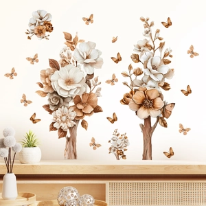 Elegant 3D floral and butterfly wall stickers for living room decor in warm caramel tones