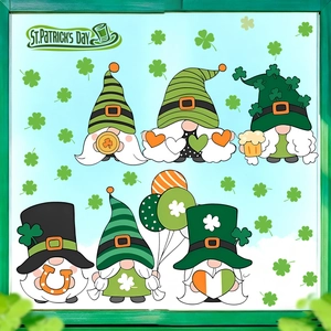 St. Patrick's Day Gnome Window Clings Green Shamrock Static PVC Decals For Glass Window Decoration Holiday Party Home Decor