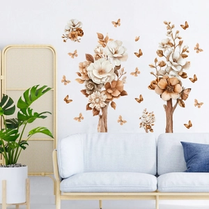 3D floral butterfly wall stickers in vintage brown for living room bedroom decoration