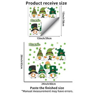Detailed view of St. Patrick's Day gnome window clings with dimensions and layout guide