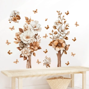 3D flower and butterfly wall stickers in cream and caramel tones for living room decor