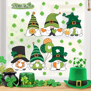 St. Patrick's Day window clings with green gnomes and shamrocks for glass decoration