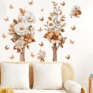 3D floral and butterfly wall stickers in beige and brown for living room decor