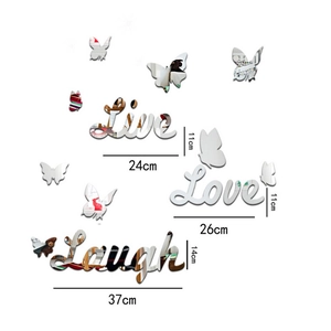 Detailed size specifications for Live Love Laugh mirror acrylic wall stickers with butterflies