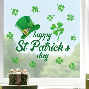 St. Patrick's Day window stickers with green clover, top hat, and festive holiday greeting