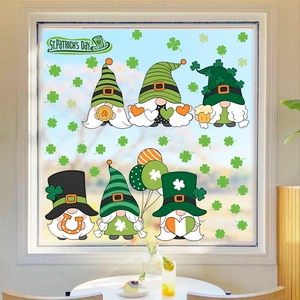 St. Patrick's Day window clings with green gnomes and shamrocks for glass decoration