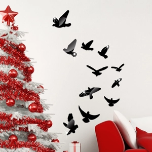 Set of 11 decorative black acrylic mirror wall stickers with flying bird silhouettes
