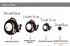 Größentabelle für Bubble Fish Acryl Spiegel Wandaufkleber mit Maßen und Stückzahlen