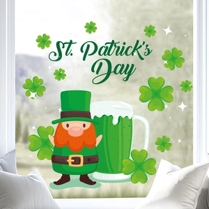 St. Patrick's Day Fensterbilder mit irischen Gnomen, Bierkrügen und Kleeblättern