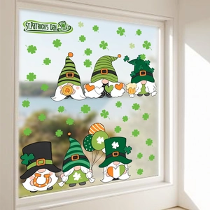St. Patrick's Day window clings with green gnomes and shamrocks on glass surface