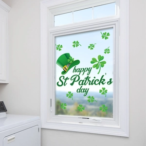 St. Patrick's Day window decals with green hat, shamrocks, and holiday greeting