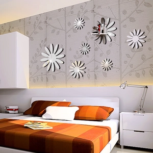 Modern 3D daisy mirror wall stickers in silver for living room and bedroom decor