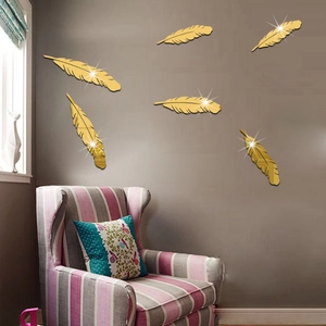 Golden feather acrylic mirror wall stickers in 5-piece set for home living room decor
