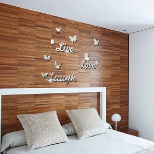 3D silver acrylic mirror wall stickers with Live Love Laugh text and butterflies