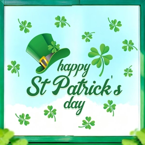 St Patrick's Day window clings with green shamrock hat and Happy St Patrick's Day text
