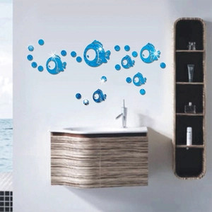 3D Acryl Spiegel Wandtattoo Bubble Fish in Königsblau für Badezimmer Wanddeko