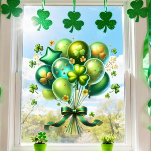 St. Patrick's Day Fensterbilder mit grünem Kleeblatt und Luftballons für die Deko