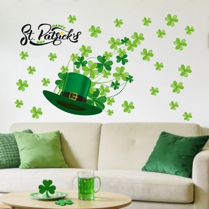 Adesivo murale San Patrizio con cappello verde e trifogli per decorazione soggiorno