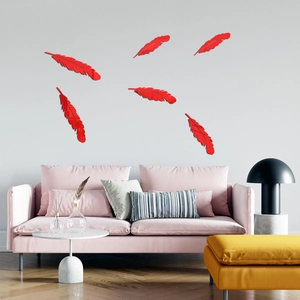 Detail view of 6-piece red acrylic feather mirror wall decals for home living room decor