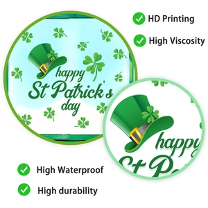 Detail of St. Patrick's Day round stickers with clover and hat motifs and HD printing