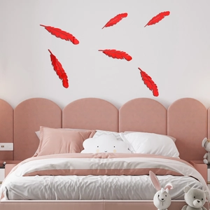 Self-adhesive red feather acrylic mirror wall stickers for modern bedroom decor, 6-piece set