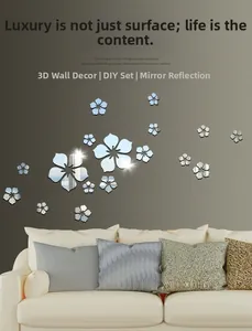 Detailed view of 3D acrylic mirror flower wall stickers on a dark living room wall