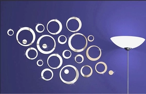 DIY 3D acrylic mirror wall stickers with circles and rings on a purple background wall