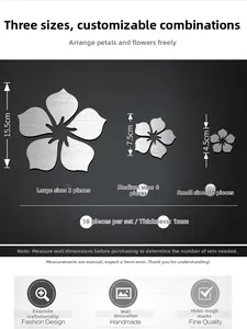 Detailed size guide of 18pcs silver 3D acrylic flower mirror wall stickers with dimensions