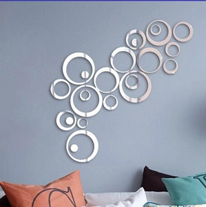 3D acrylic mirror wall stickers with silver circular rings for DIY home decor