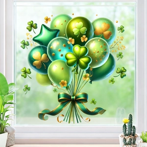 Detaillierte Fensterfolie zum St. Patrick's Day mit grünen Kleeblatt-Ballons und Goldband
