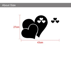 Size chart showing dimensions of 43cm width and 27cm height for black heart wall stickers