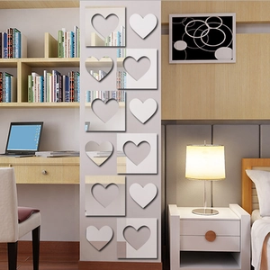 Modern 3D heart mirror wall stickers set with 12 silver reflective acrylic decals for decor