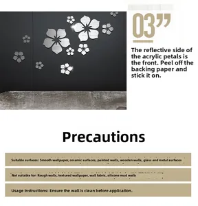 Macro detail of 3D silver acrylic flower mirror wall stickers with reflective surface finish