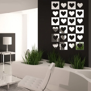 Modern set of 24 silver 3D heart mirror wall stickers for living room decor