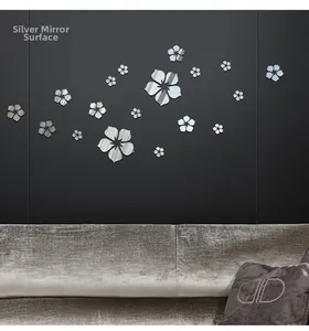 Detail of silver 3D acrylic mirror flower wall stickers with reflective petal surface