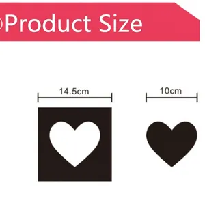 3D heart mirror wall sticker set size chart showing 14.5cm and 10cm product dimensions