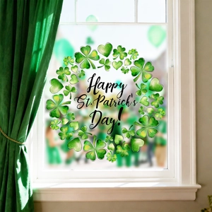 St. Patrick's Day Fensteraufkleber mit grünem Kleeblattkranz und festlichem Glückwunschtext