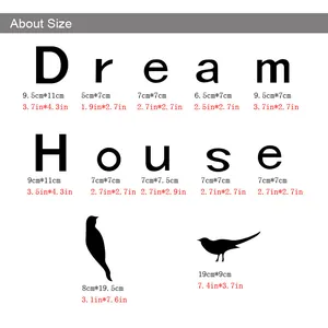 Size chart showing width and height for Dream House 3D acrylic mirror wall stickers