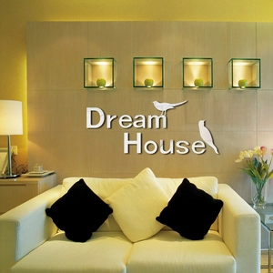 Detail of 3D acrylic Dream House wall sticker with birds silhouette on living room wall