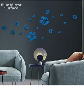 Blue mirror acrylic flower wall stickers with 18 petals for modern living room decor